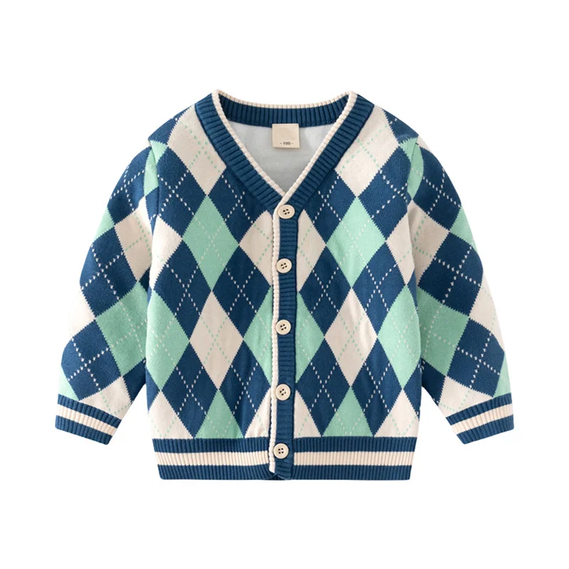 

Diamond Shaped Square Sweaters 3-7T Open Stitch Autumn Winter Girls Sweaters Kids Clothing Long Sleeve Buttons Baby Costume