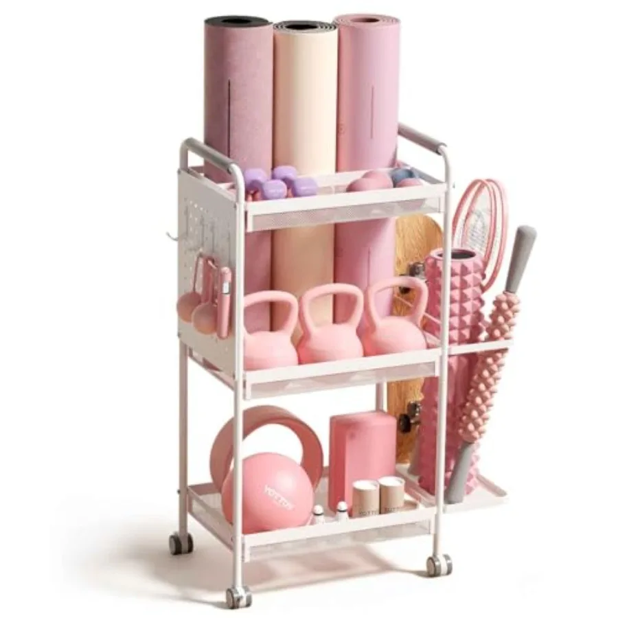 

3-Tier Gym Storage Rack for Home Gym Multi-Functional Weight Rack, Dumbbell Rack, Yoga Mat Holder with Side Basket and 6 Hooks,
