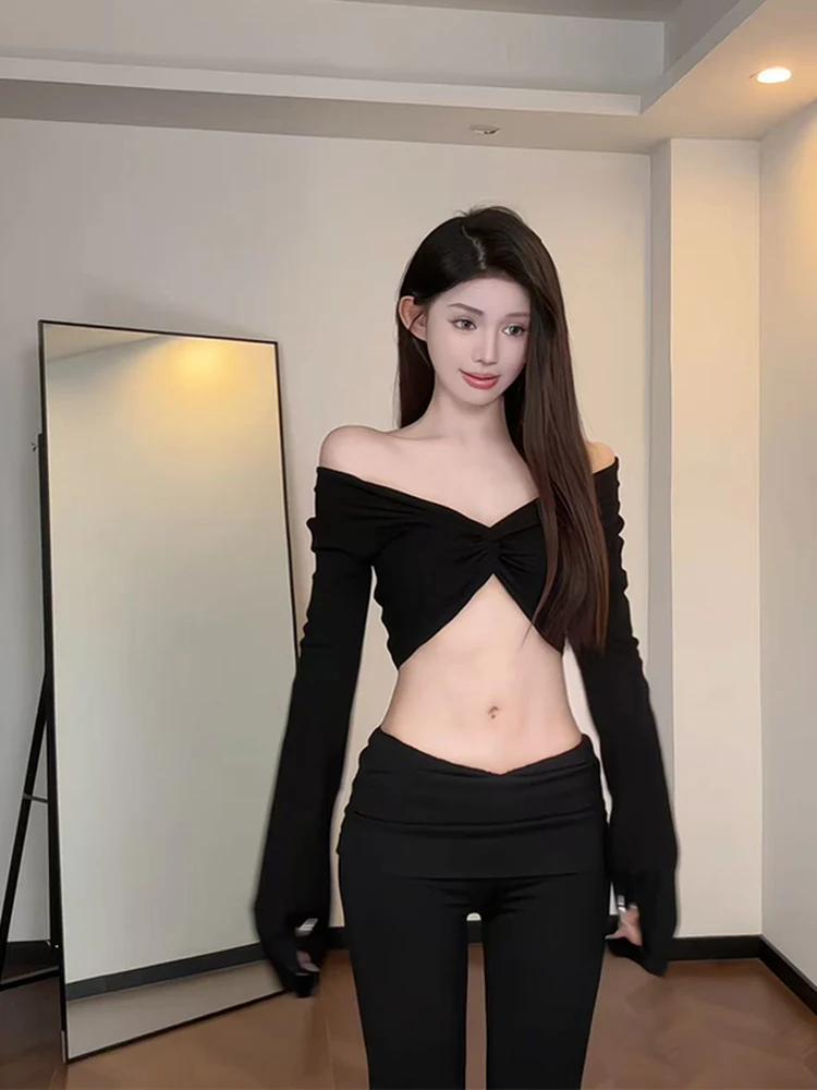 

Sexy Long Sve Crop Top with Knot Flared Sves And Belly Button Baring for Trendy Women Breathable Moisture ng