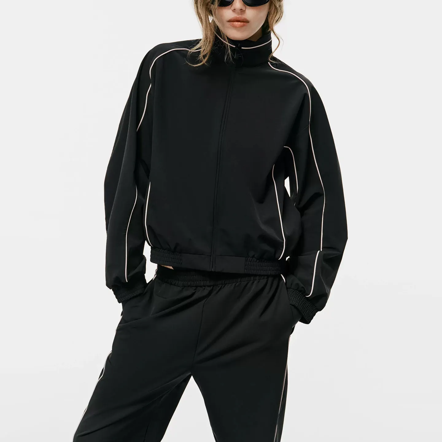 Women's Long Sleeve Stand Collar Color Block  Coat Casual Straight Leg Pants Fashion Set Four Seasons Elastic Waist