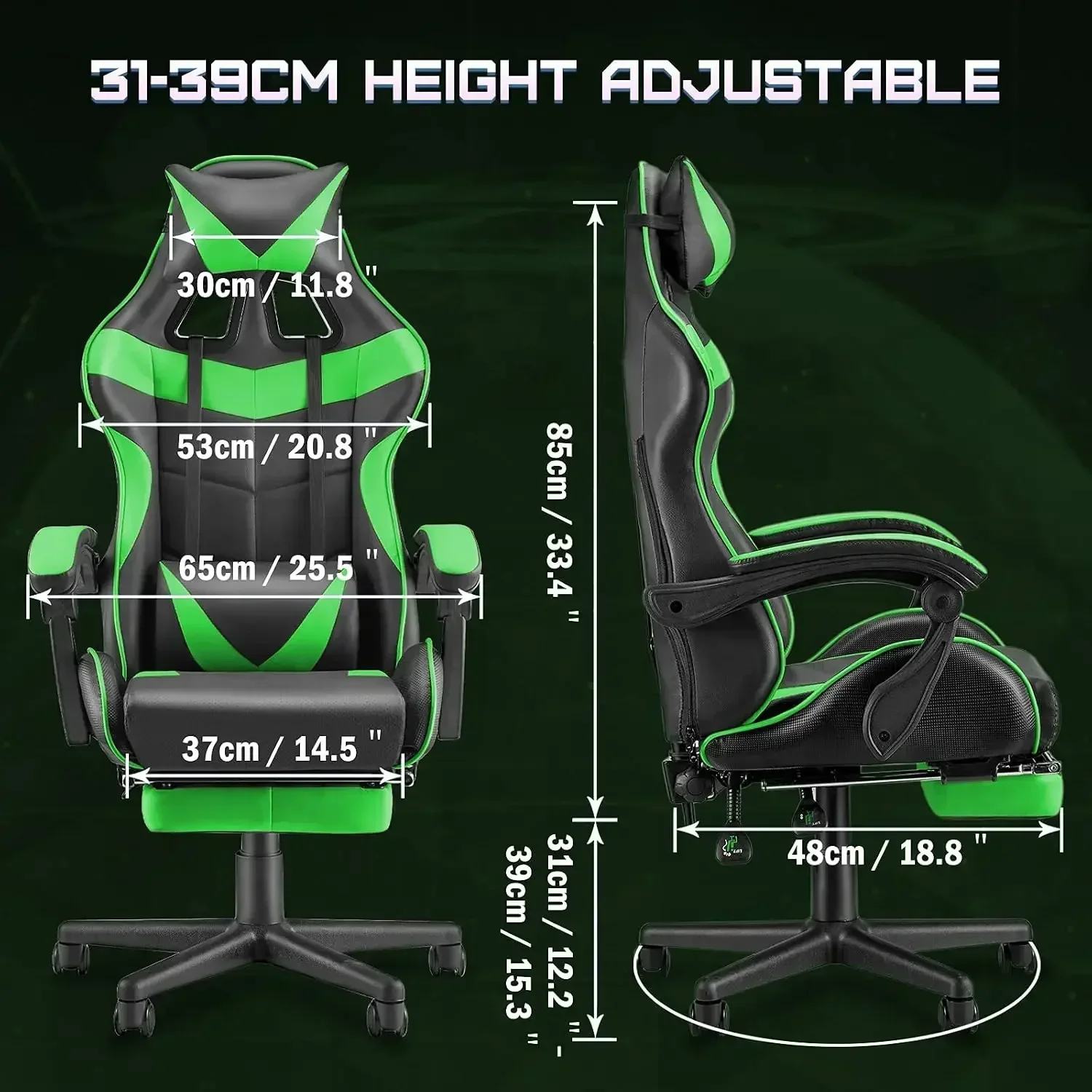 Gaming Chair with Footrest, Ergonomic Computer Chair Lumbar Support, Adjustable High Back Recliner for Adults, Racing Style Video Gaming Chairs, for Home Office Streaming, Green