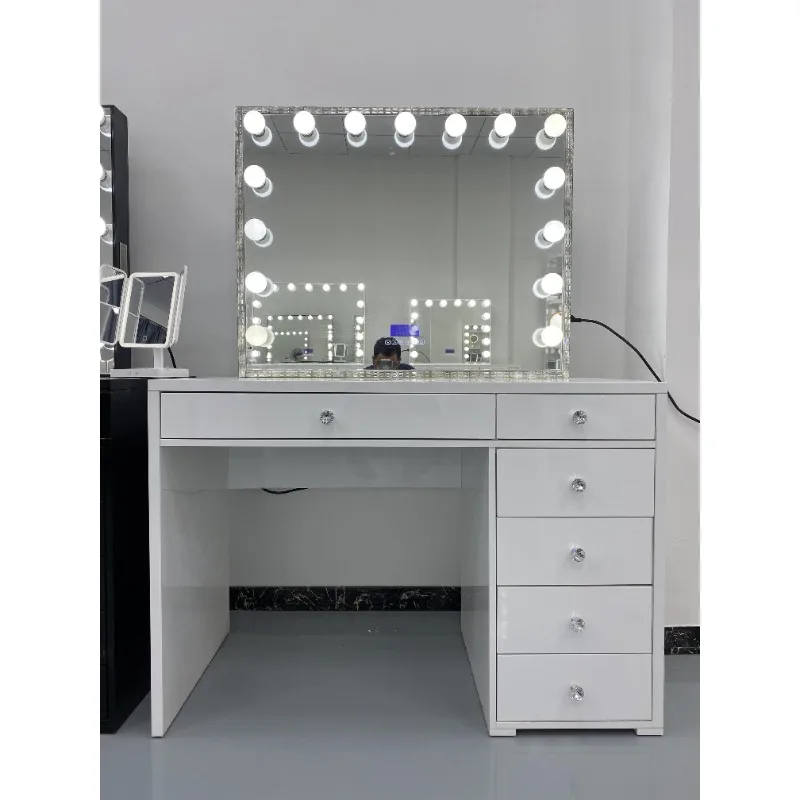 Modern DressingTable With Hollywood Light Mirror  Bedroom Vanity Dresser Makeup Desktop Led Mirrors Set Drawers Dressers