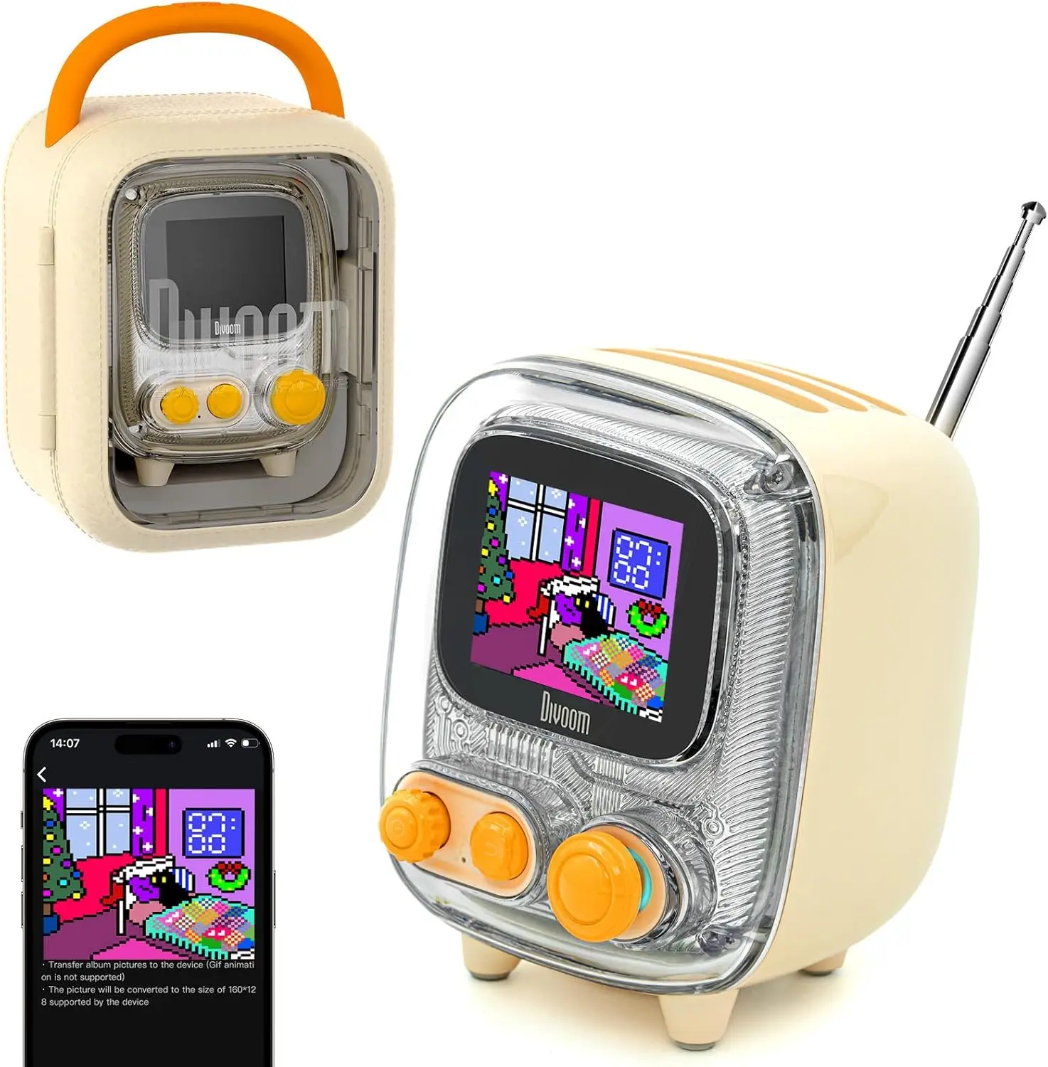 

Retro Pixel Bluetooth Speaker with Custom Display, Alarm Clock, White Noise & USB-C/TF Playback - Cream