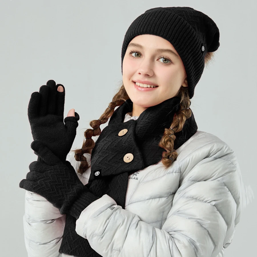 3pcs set knitting winter hats scarf gloves solid color hooded hats beanies fur pompom winter caps sets for women red black white