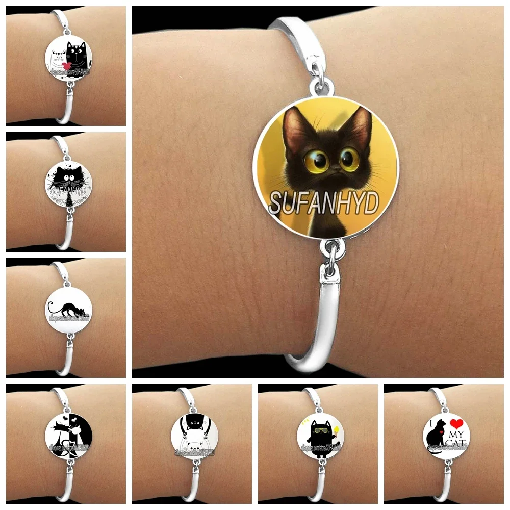 Cute Black Furry Cat Girl Silver Color Bracelets Naughty Little Cat Glass Women Bracelet Bangles I Love My Cat Women Bracelet