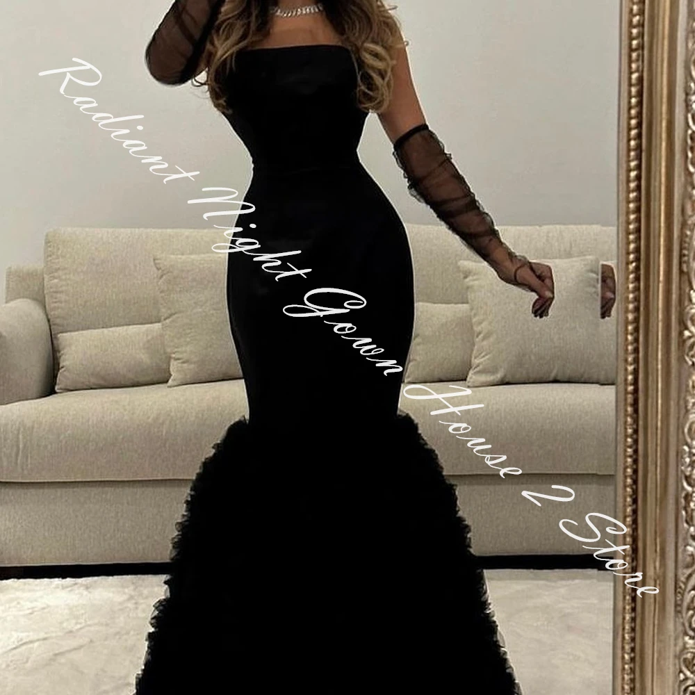 Vestido de noche escalonado con manga desmontable, sirena de tul personalizado, sin tirantes, largo hasta el suelo, Panel negro, tren, Vestidos de fiesta