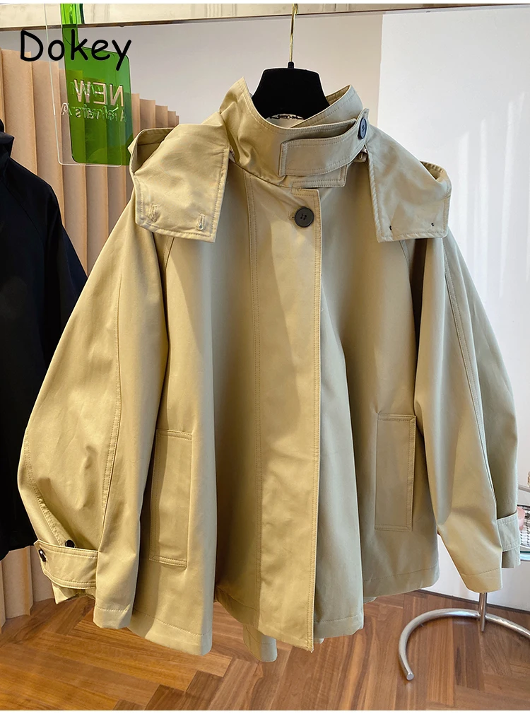 Vintage Khaki Hooded Trench Jacket Women Korean Spring Design Casual Long Sleeves Oversized  Zip Up Jackets Loose Outwear Female