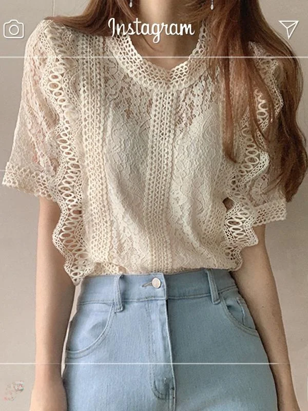 2024 New Korean Sle Lace Hollow out Loose Women's irt Ele Aosphere Summer Faionable Small Top round Ne ort Sl...
