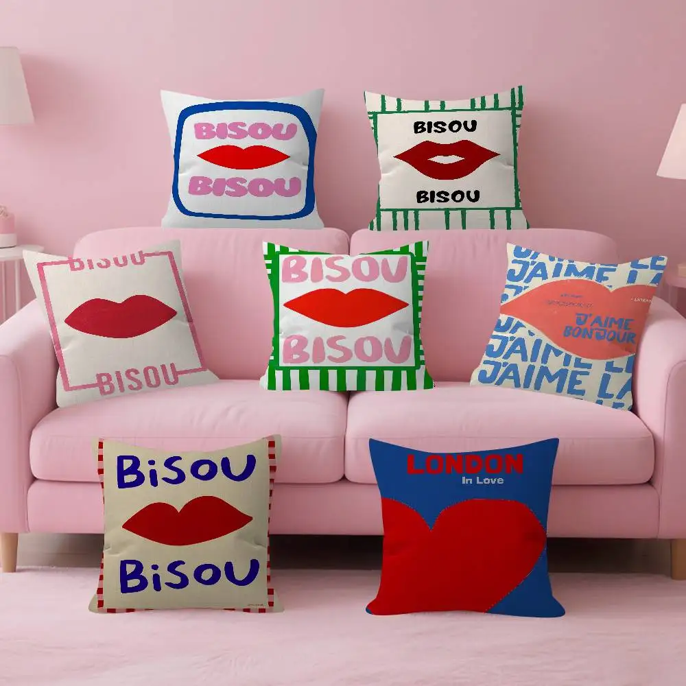 Maximalist Eclectic Pink French Quotes Bisou Room Aesthetics Pillow Case Home Bedroom Sofa Bed Couch Pillow Cover 45x45