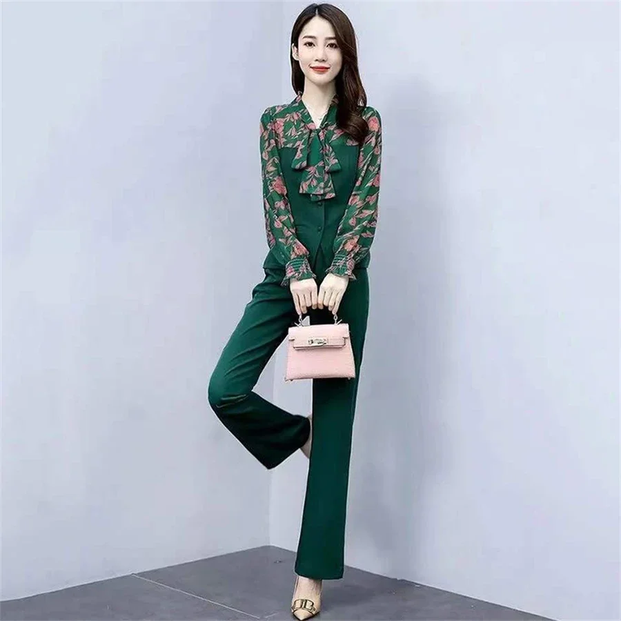 

Топы с рукавами-лепестками и v-образным вырезом и бантом, брюки-клеш, комплекты с высокой талией, корейский ансамбль, шифоновые лоскутные повседневные спортивные костюмы с принтом