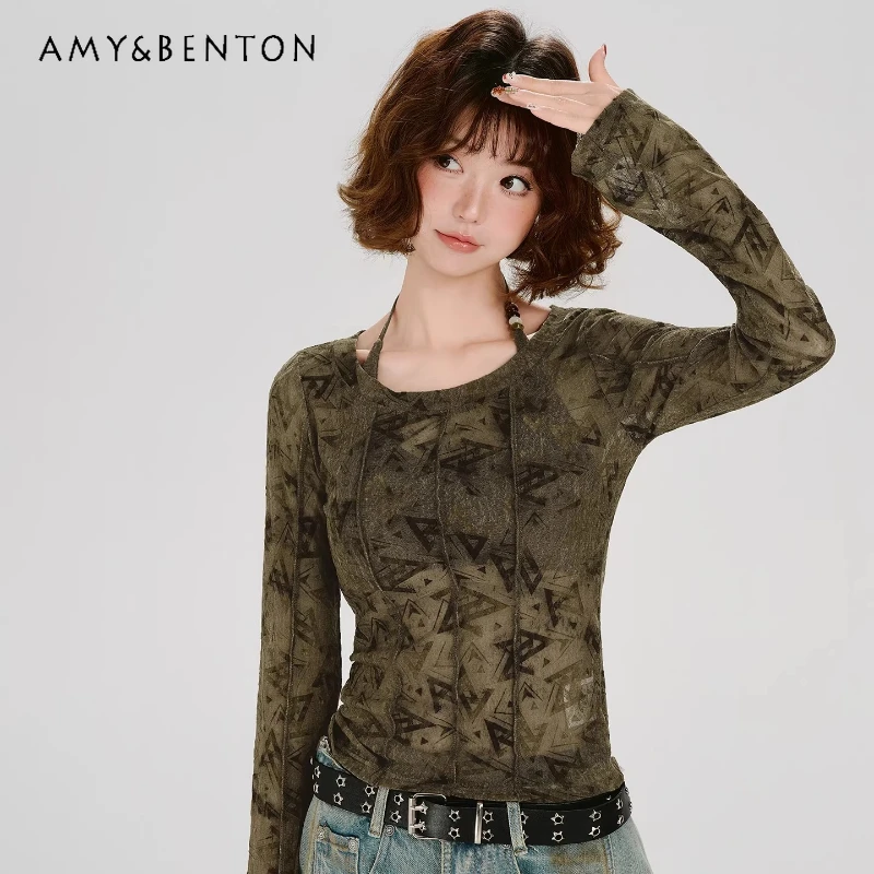 

Retro Design Women's Clothing 2026 Spring Versatile Slimming Fashionable Elegant Halter T-Shirt Long Sleeves 2-piece Set Ladies