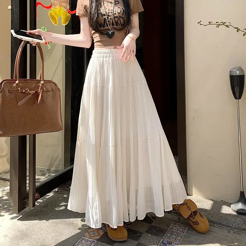 

Spring Summer Loose Drape Feeling Big A-Line Long Skirt Purple Gentle Breeze Sweet Pleated Chiffon Skirt Half Skirt
