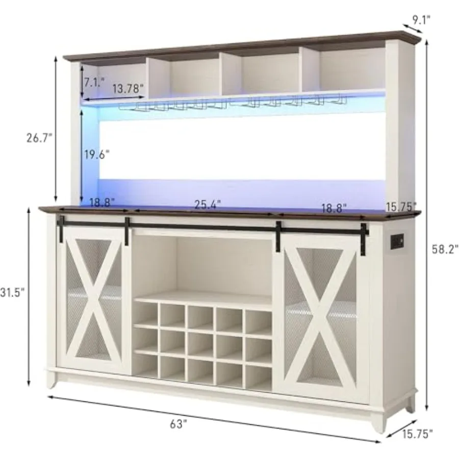 Farmhouse coffee bar cabinet for kitchen dining room, wood, white, 63W×58H with power outlet, LED light, 4-storage hutch, 15 wi