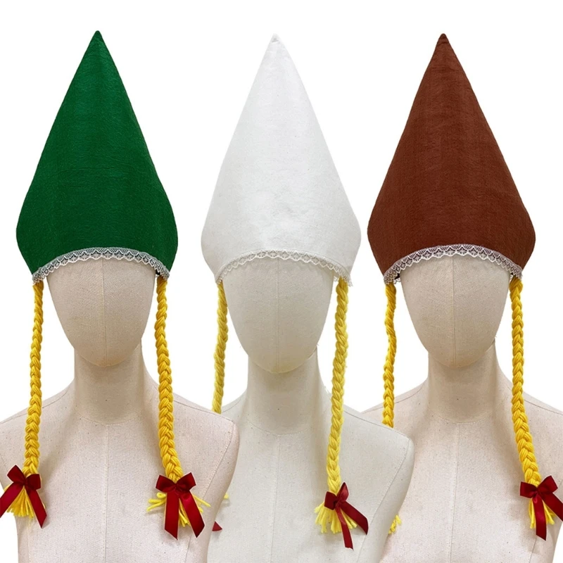 634C Pigtail Braid Costume Hat with Elastic Head Opening, Adjustable Closure, and Lace Trim for Themed Parties