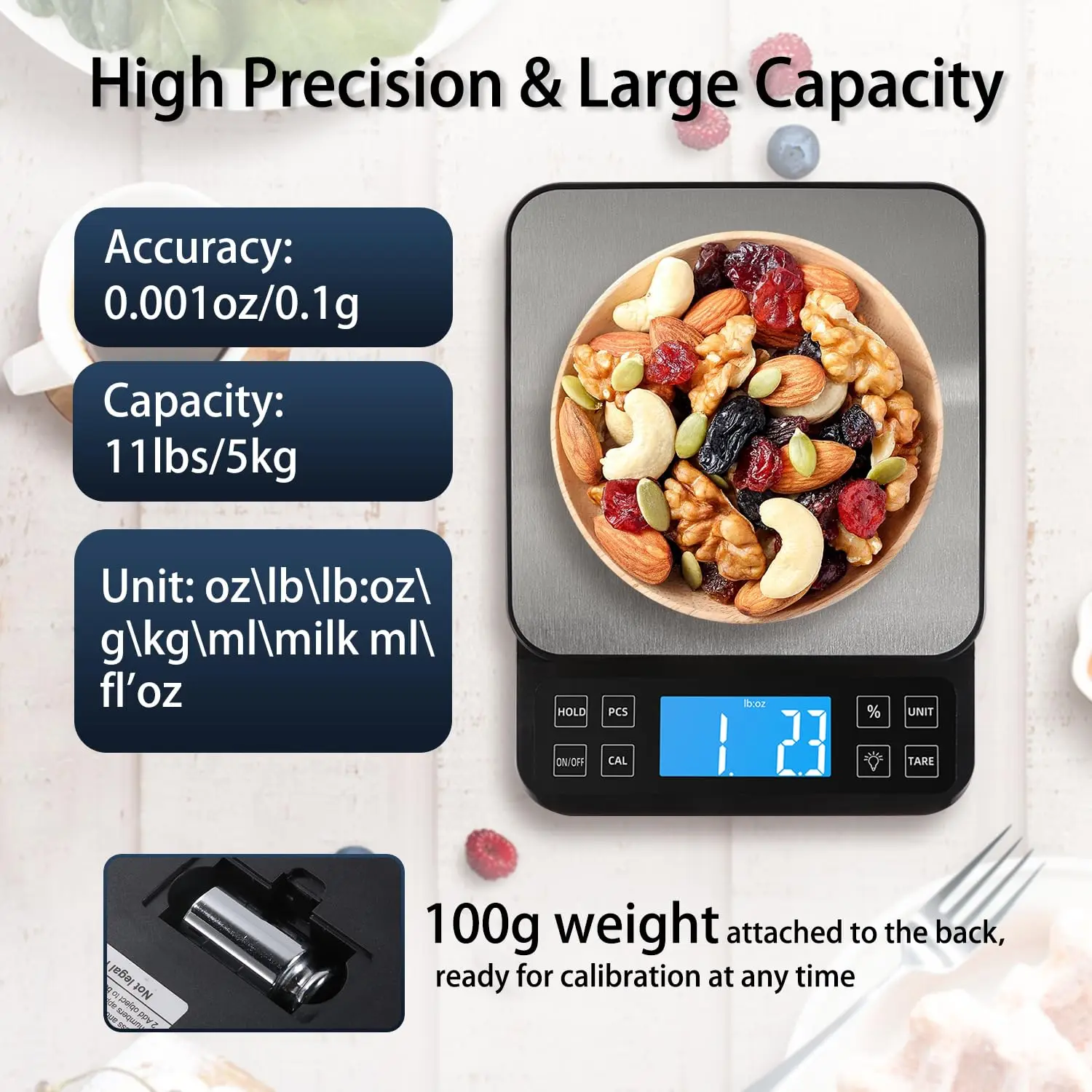 5KG 10KG Food Kitchen Scale Rechargeable Digital Scale with LCD Display and Stainless Tray, for Baking Cooking Meal Weighing