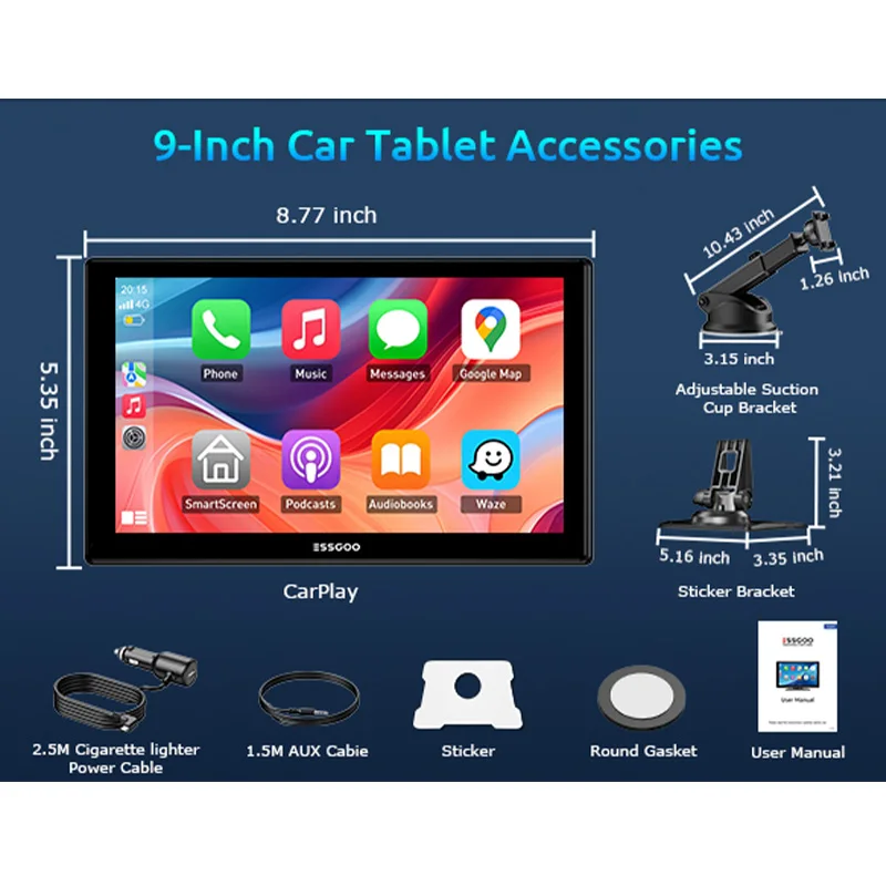 ESSGOO 9"4K Draagbare Carplay IPS Touchscreen Universele Autostereo Radio Trucks Android Auto Mirror Link AUX FM USB Bluetooth TF