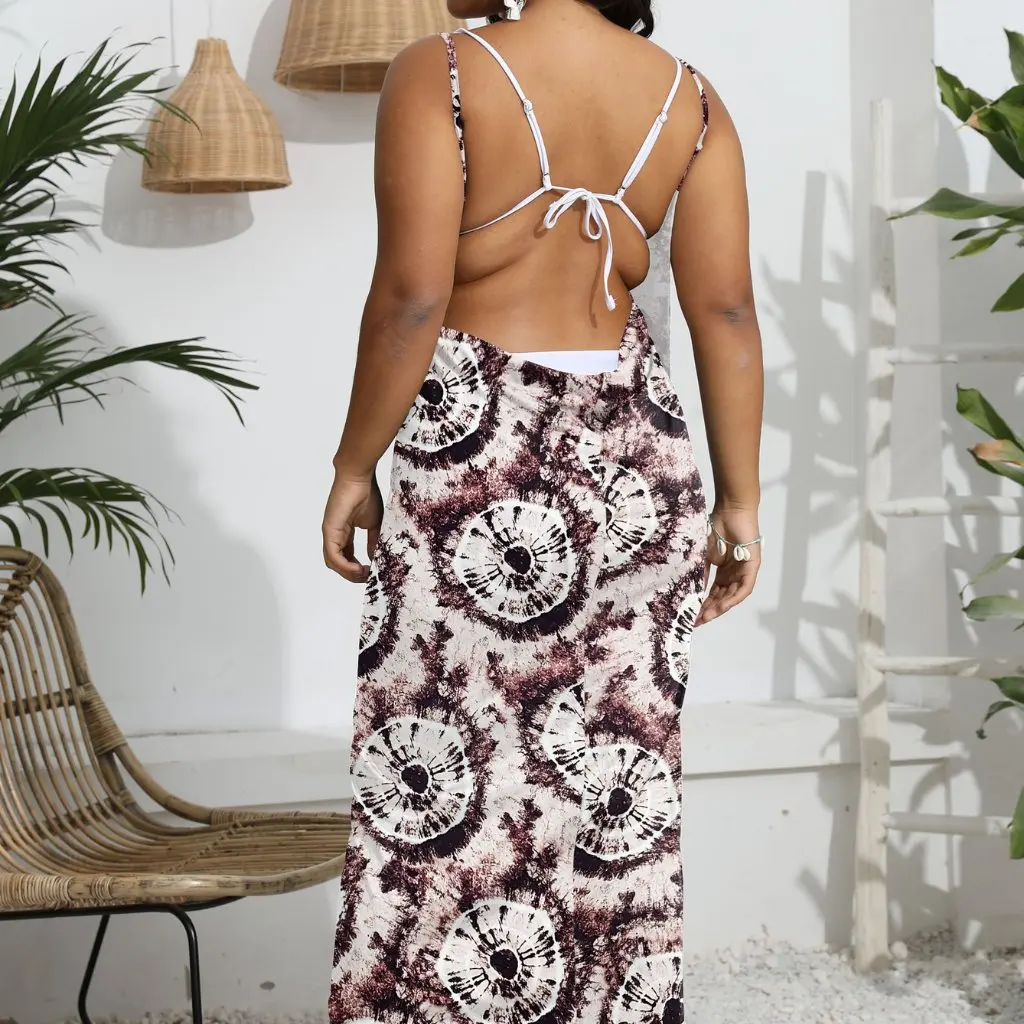 

Женская цельная пляжная юбка с принтом в европейском и американском стиле больших размеров, платье на бретельках, многофункциональная шаль