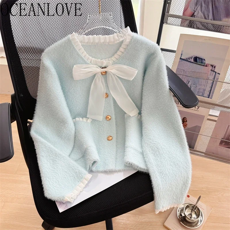 OCEANLOVE Sweet Ruffles Women Sweaters Autumn Winter Bow Korean Fashion Cardigans Contrast Color Elegant Sueter De Mujer