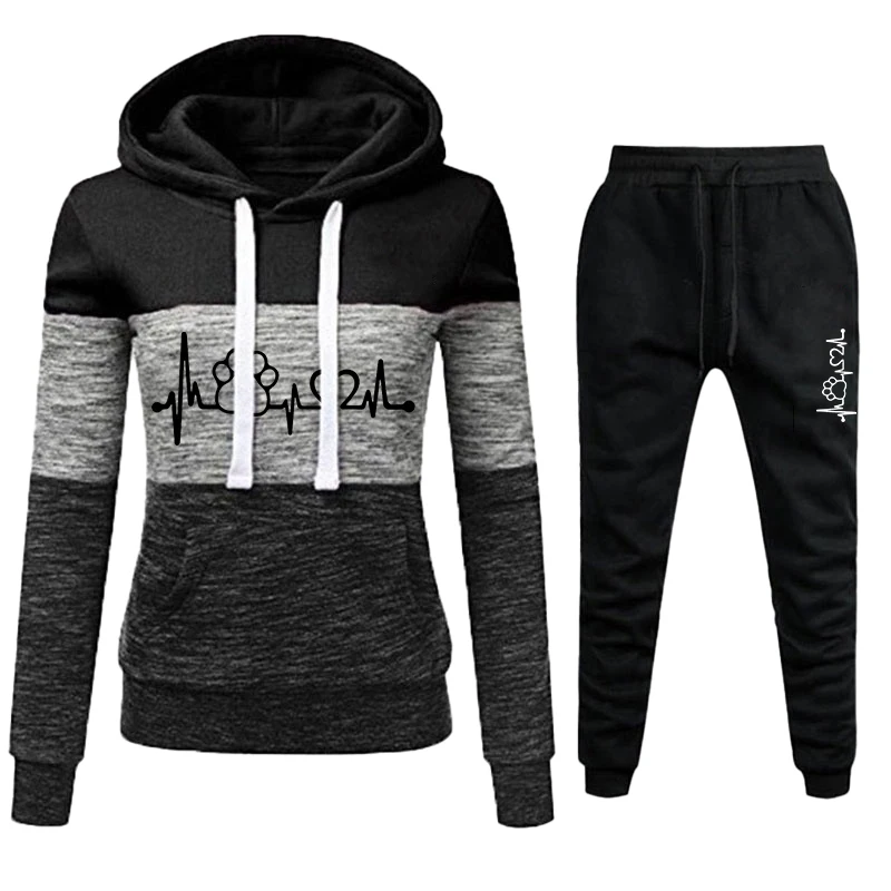 New women's jogging set with three color splicing hooded sweatshirt and sweatpants, women's casual sports hooded set