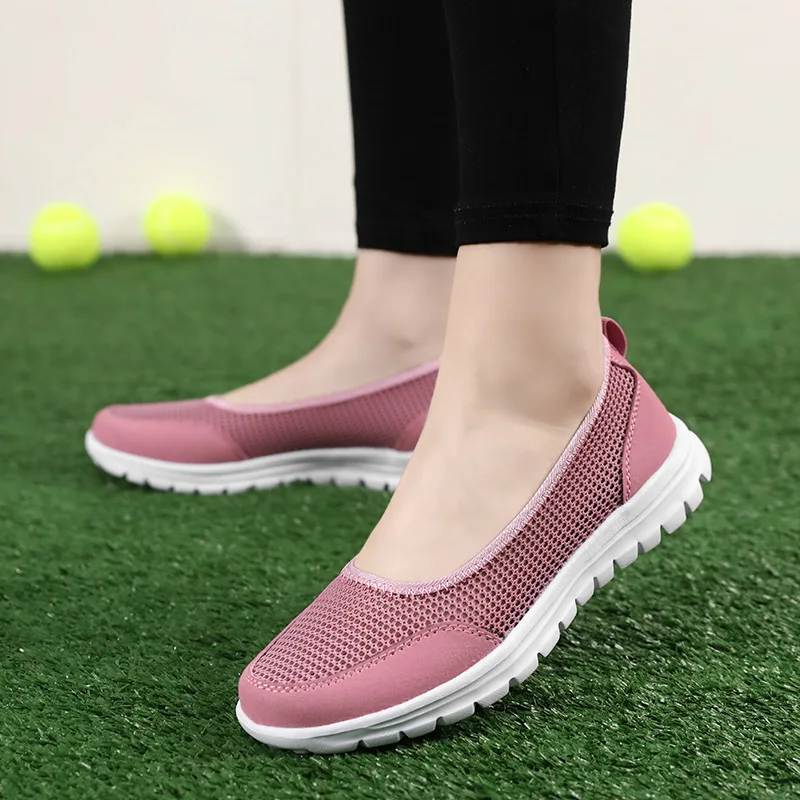 summer Vulcanized Shoes 2021 Women Flats Female Sneakers Striped Mesh Breathable Slip On Casual Shoes Ladies Soft Light Comfort