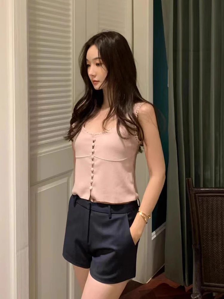 Ceco de punto adeazante versátil con botones pequeños y cuello en U para mujer, Top con tirantes, estilo de viaje a la m...