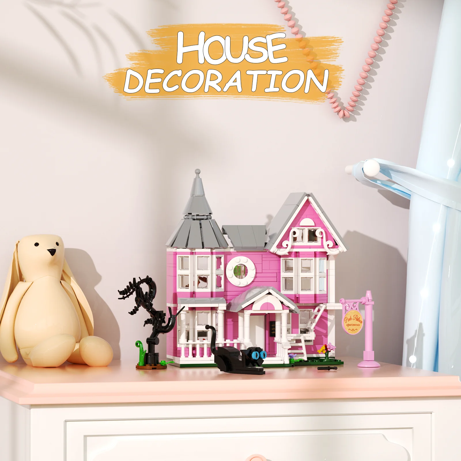 Rosa Palasthaus Bausteine Set Halloween Herrenhaus Modell Spielzeug Weihnachtsgeschenke für Kinder Erwachsene (566 Stück)
