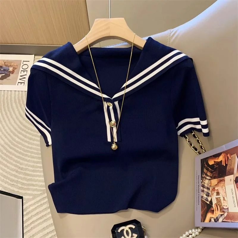 المعتاد بحار طوق قصيرة الأكمام رقيقة محبوك تي شيرت المرأة ضئيلة المرقعة كبيرة Sizebase قميص الصيف الإناث شيك الأزرق #2