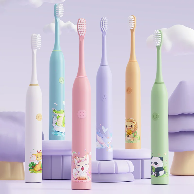 Children's Electric Toothbrush Color Cartoon Kids With Replacement Heads Soft Hair Cleaning Brush Rechargeable Sonic Toothbrush