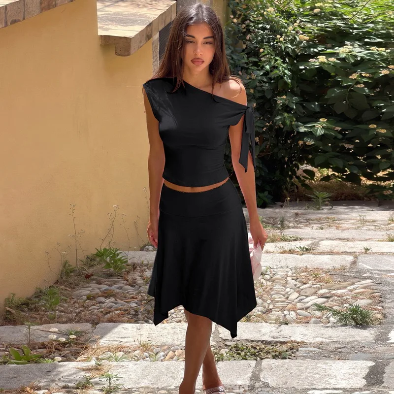 Women 2 Piece Outfit Set Off Shoulder Bow Tie Short Top Asymmetrical Midi Skirt Sets Y2K Elegant Casual Matching Two‑Piece Suit view 5