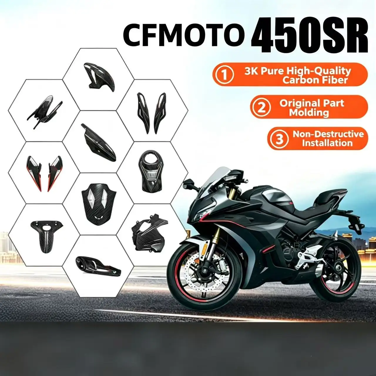 

Suitable for CFMOTO 450SR modification of carbon fiber fairing shell, mudguard, windshield and stabilizing wing