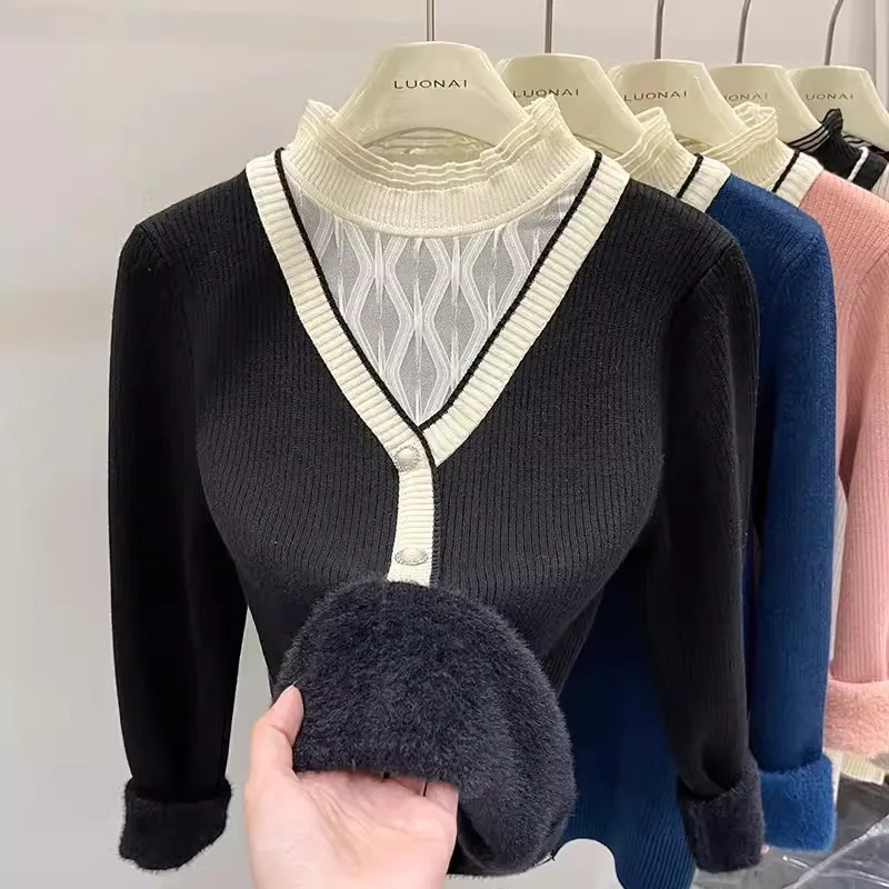 Suéter feminino falso de duas peças com gola simulada, top de malha de malha de veludo para camadas de outono/inverno