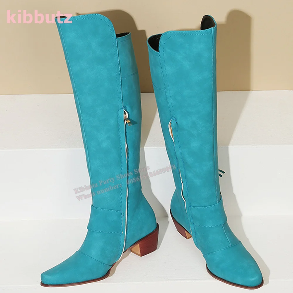 Joelho Tassel de camurça botas altas para mulheres, dedo apontado, salto quadrado, fivela do cinto, zíper lateral, azul sólido, sapatos sexy cowboy, moda mais nova