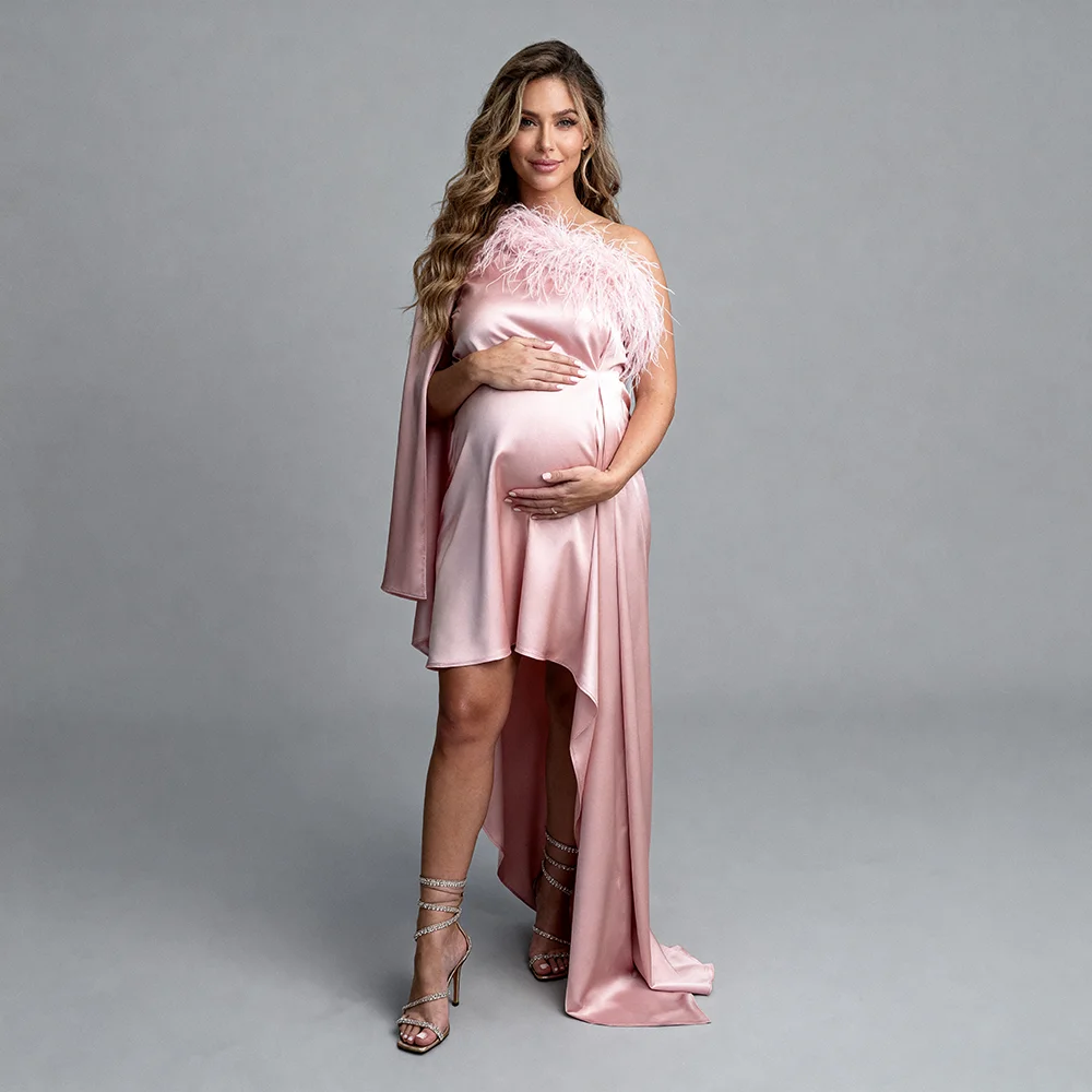 

Elegant Pink Maternity Dresses and Skirts One-Shoulder Feather Trim Satin Dress for Pregnant Women Baby Shower Dress YW64302D