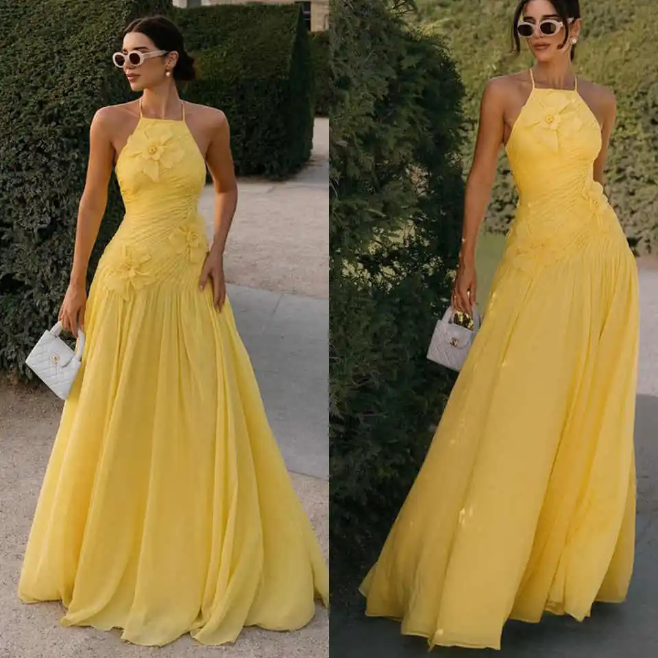 Simply Yellow A-Line Prom Dresses Spaghetti Strap Floor-Length Lace Appliques Bridal Gowns Plus Size Formal Occasion Customized