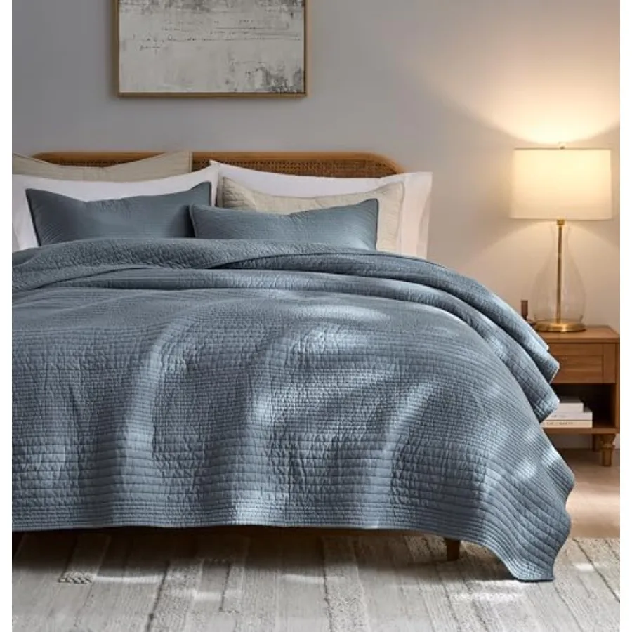 

Striped Blue Grey 100% Cotton Quilt Size Bedding Sets Lightweight Crinkly Channel Pick Stitch Textured Bedspread Soft Shabby Ch