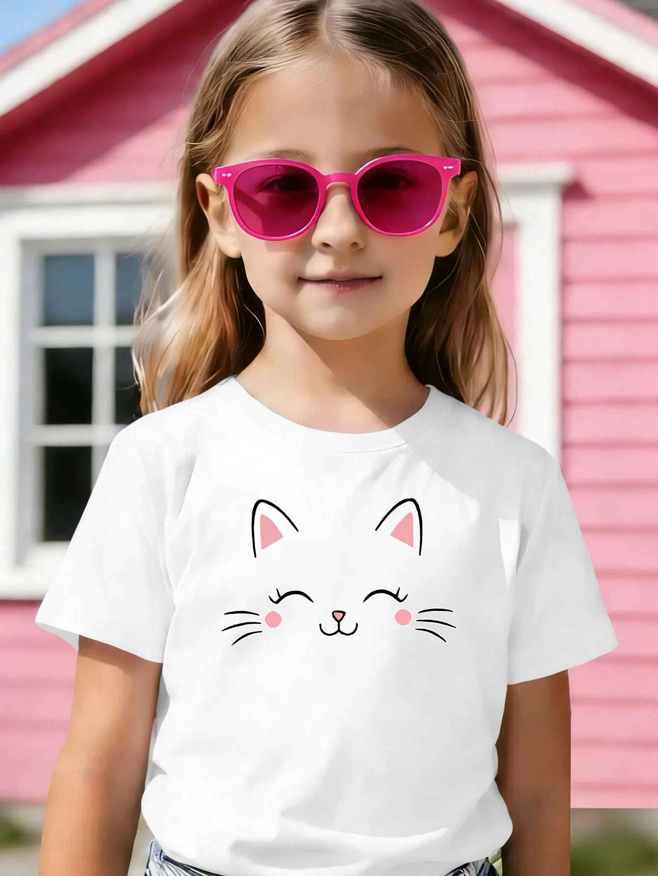 Minimalist Winking Cat Face Cute Line Drawing Graphic Kids T Shirt Boys Girls Family Matching Summer Crew Neck Casual Tee