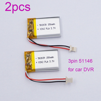 2 pcs 3.7V 250mAh 0.925Wh Li-Polymer Li Lithium Li Battery 3-Wires JST 3pin 51146 Plug 502030 For for Car DVR Gamera Dash Cam