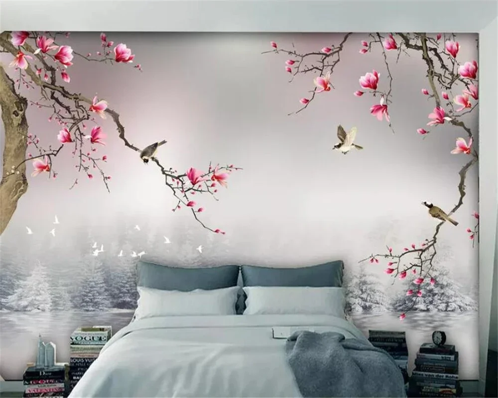 

Large Custom Mural Wallpaper For Walls 3d Magnolia flower bird Flower Photo Background Silk material 3d wallpaper