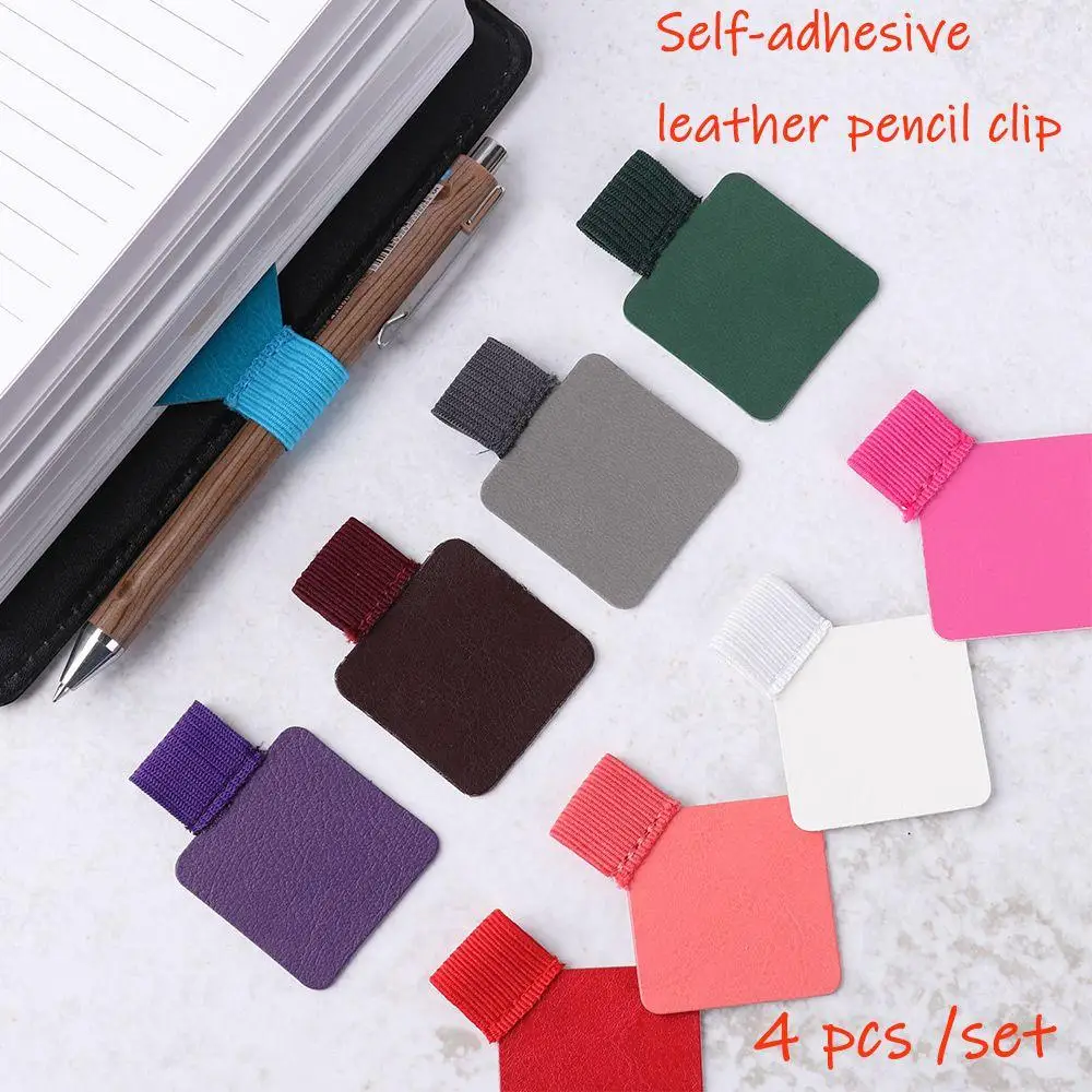 

4 Pcs / Set Office Stationery Self-Adhesive Notebook Accessories Pen Clips Self-adhesive Pens Holder Leather Pencil Elastic Loop