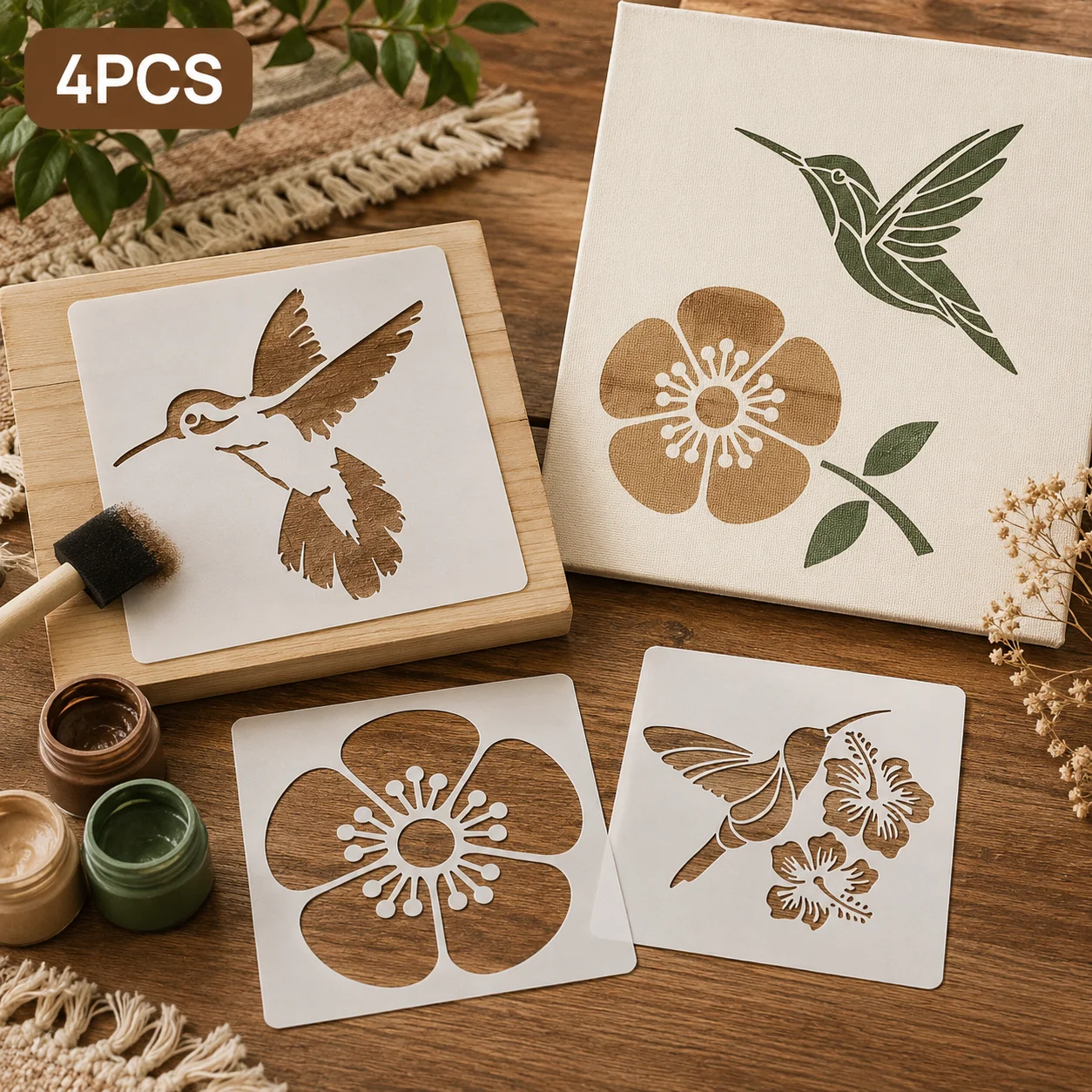 4 Stück 5,1 x 5,1 Zoll große Kolibri-Blumen-Schablonen, wiederverwendbare Vogel- und Blumenmalvorlagen für DIY-Wanddekoration auf Leinwand und Stoff – Detail 7