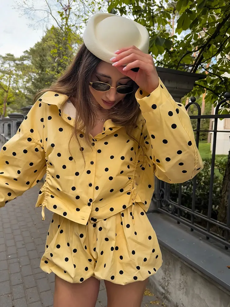 HH Women Fashion Yellow Polka Dot Coat Single Breasted Long Sleeve Turtleneck Cropped Jacket With Drawstring Female Streetwear view 6