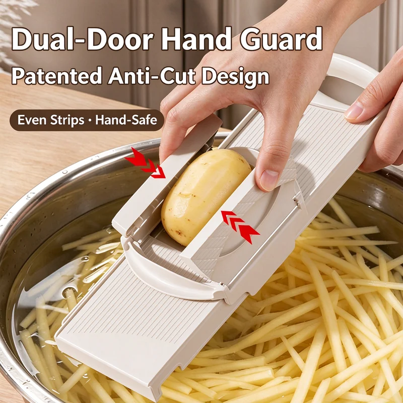 Vegetable Slicer, Dual-Door Hand Guard Grater Shredder, Sharpened Blade Adjustable Thickness Kitchen Gadgets
