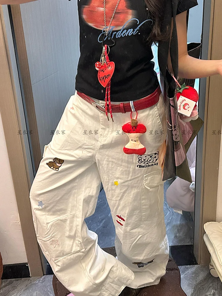 Amerikanischen stil würzige mädchen design breite beine lose cartoon hund karierten jeans frauen sommer neue gerade bein bodenlangen hosen