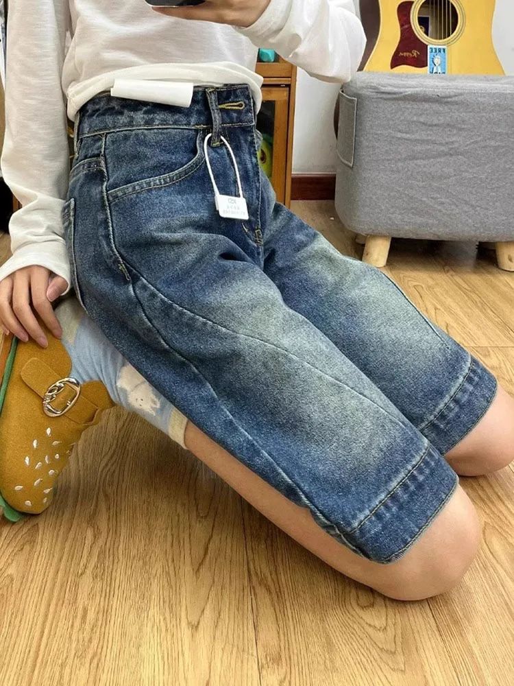 

plus Size High Waist Wide Leg Five Inch Shorts Women's American Style Retro Denim Shorts Casual Wear All Seasons