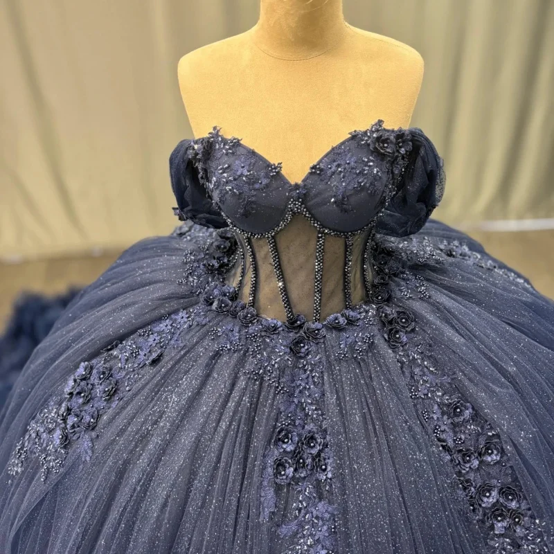 

Shiny dark blue Quinceanera Dress off-shoulder Lace ruffles flower decal Long tail vestidos de 15 Quinceanera ﻿Customize