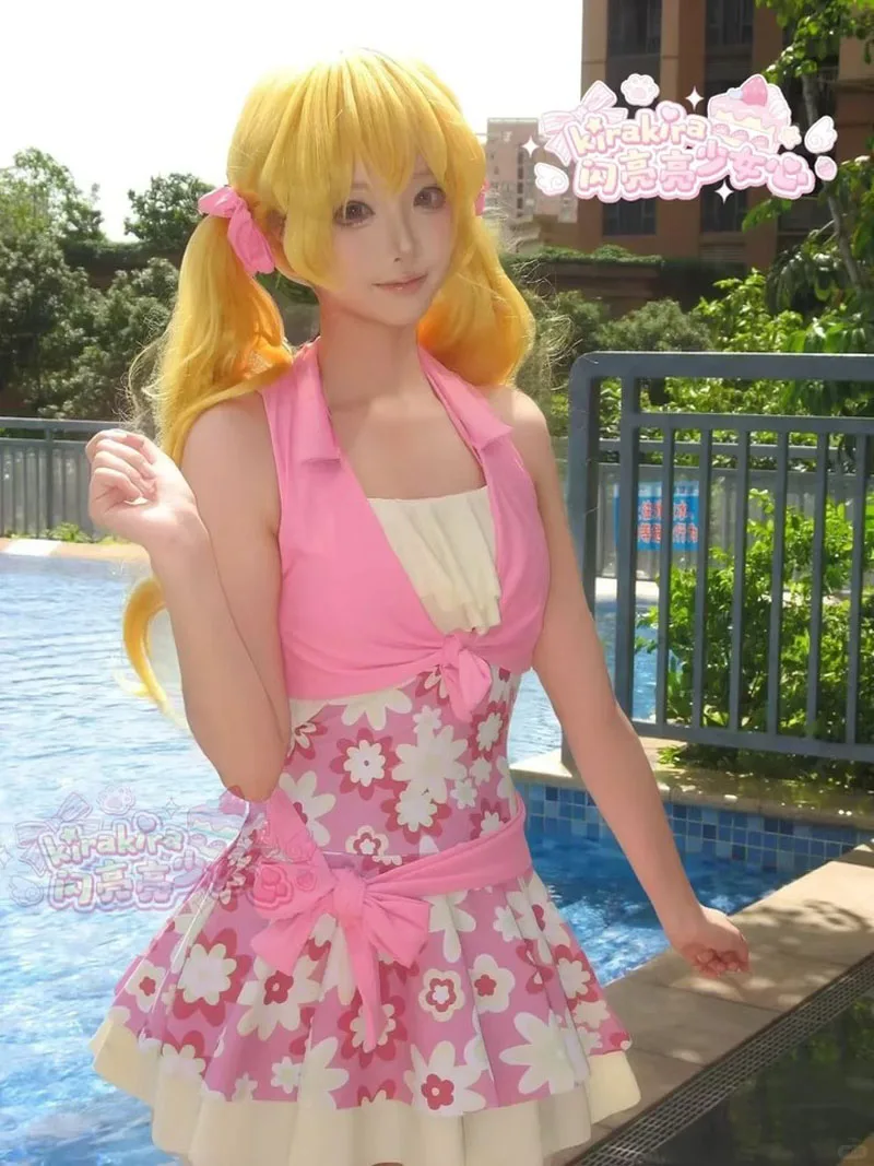 Aikatsu! Hoshimiya Ichigo Cosplay Swimsuit Cute Girl High Waist Slimming Cover up Ruffle Bandeau Flower Swimwear Bathing Suit