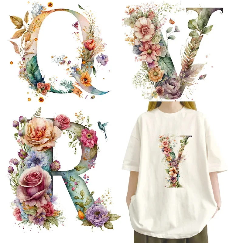 Retro Flower A-Z letter visual design iron on transfer for clothing dtf transfers ready to press Heat Transfer Printi