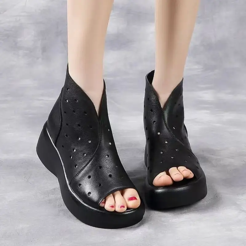 Women Genuine Leather Wedges Peep Toe Cool Boots Summer New Thick Sole Non Slip Hollow Out Lightweight High Heel Ankle Boots