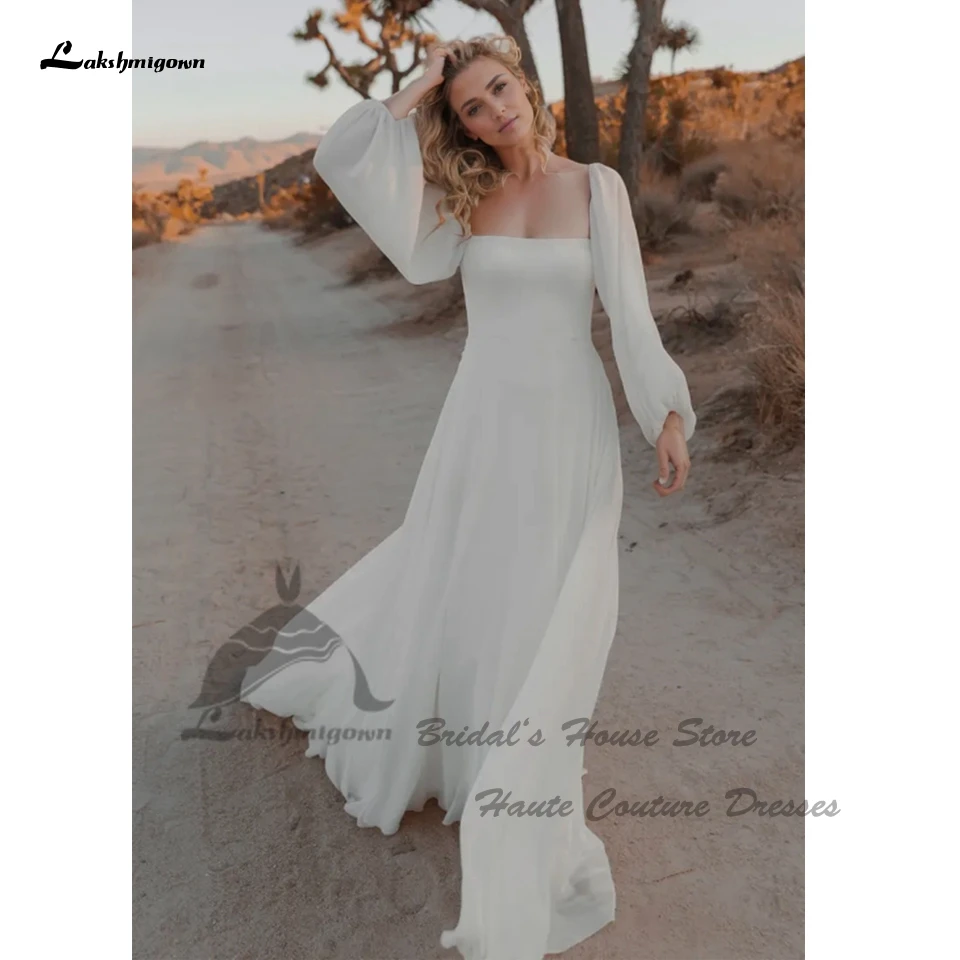 Lakshmigown Square Puffy Long Sleeve Chiffon Wedding Dresses 2025 Simple Off White Boho Beach Bridal Gowns Customized