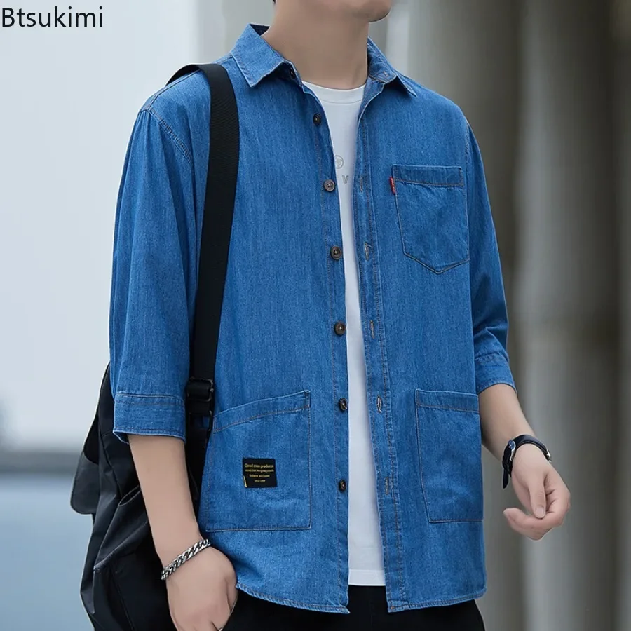 2026 Men's 100% Cotton Loose Seven Quarter Sleeved Shirts Summer Hong Kong Style Ice Silk Denim Shirts Multi Pocket Male Tops